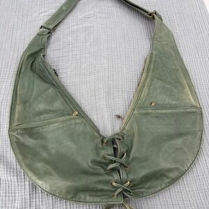 Green Leather Corset Sash Bag Crescent Sling Bag Sage Granola Boho Indie Earthy